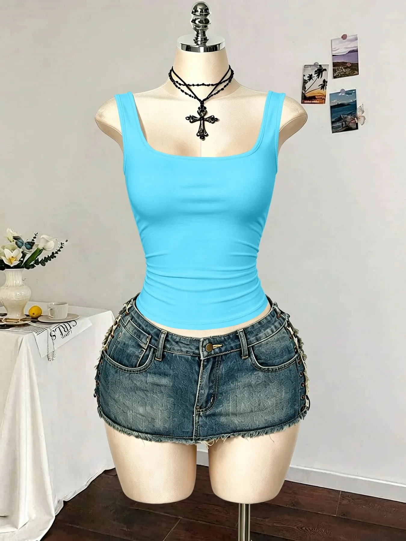 Women Square Neck Wide Strap Ribbed Tank Top Sleeveless Fitted Slim Casual Cami Top — image 17
