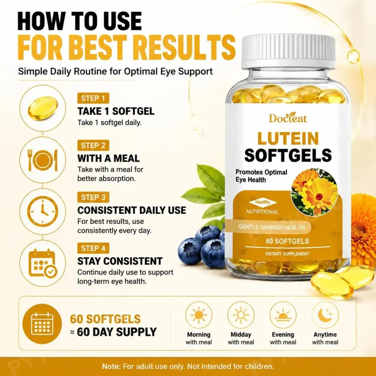 Docteat Lutein Zeaxanthin Softgels with Bilberry Fish Oil Astaxanthin Eye Health Daily Wellness Supplement for Adults60 Softgels — image 5