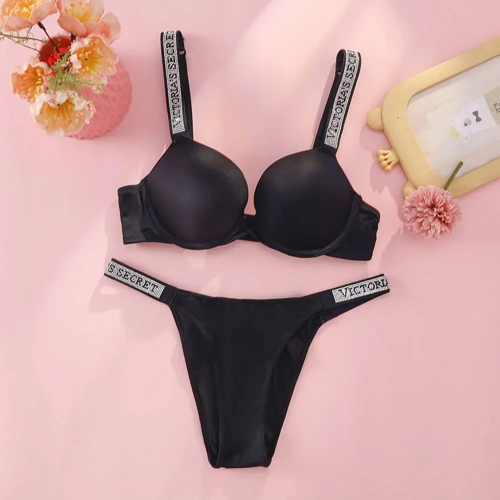 VS Very Sexy Logo Shine Strap Tropical Floral Push Up Bra Shine Script Thong Panty Victoria Secret Sexy Lingerie Set