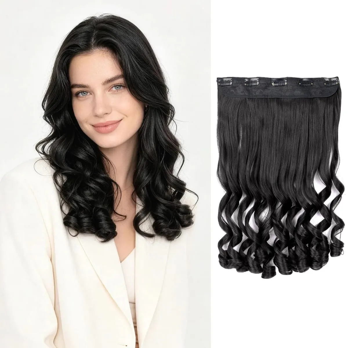 Synthetic clip in one piece hair extensions 5 clips in one piece hair wavy style 16inch french curl for women ladies daily party — image 8