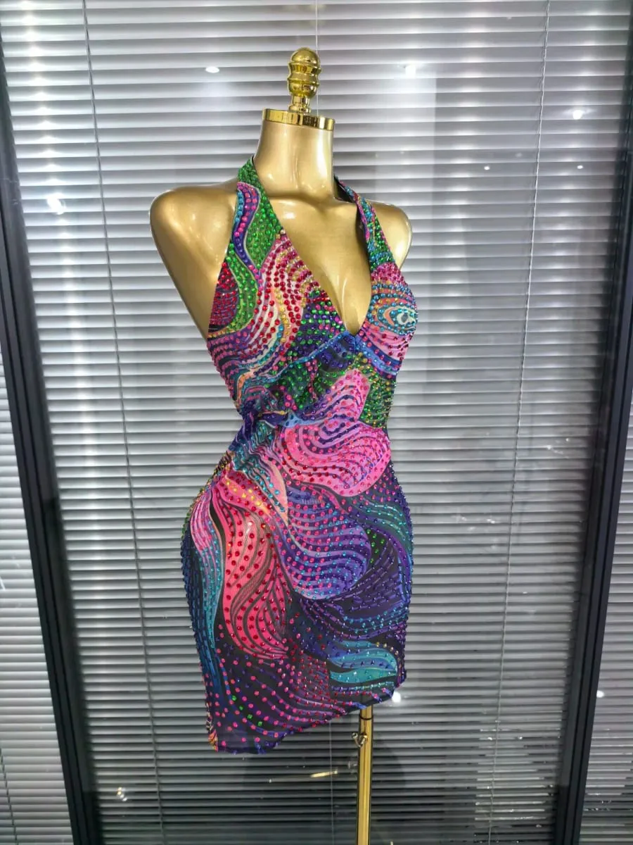 Blue Color Women Sexy Halter Backless Shinning Chain Bodycon Mini Dress Celebrate Nightclub Party Performance Costume Stage Wear — image 6