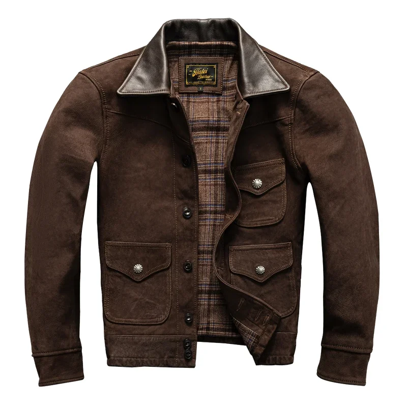 Uncoated Top Layer Sheepskin Leather Jacket Men's Classic Vintage Short Style Lapel Spring and Autumn Jacket — image 4