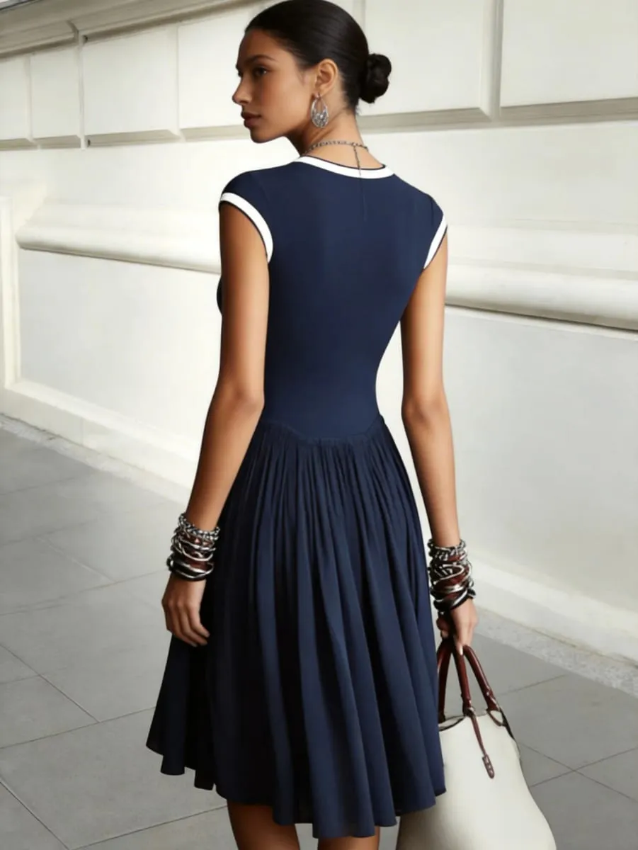 Women Contrast Trim Round Neck Cap Sleeve Fit And Flare Midi Dress Elegant Daily Commute Casual Swing Dress — image 2
