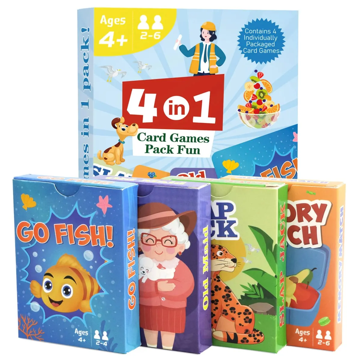 4 in 1 Kids Card Games: Go Fish Old Maid Memory Match Slap Jack; Birthday Gifts for Boys and Girls Ages 4+; Educational Game