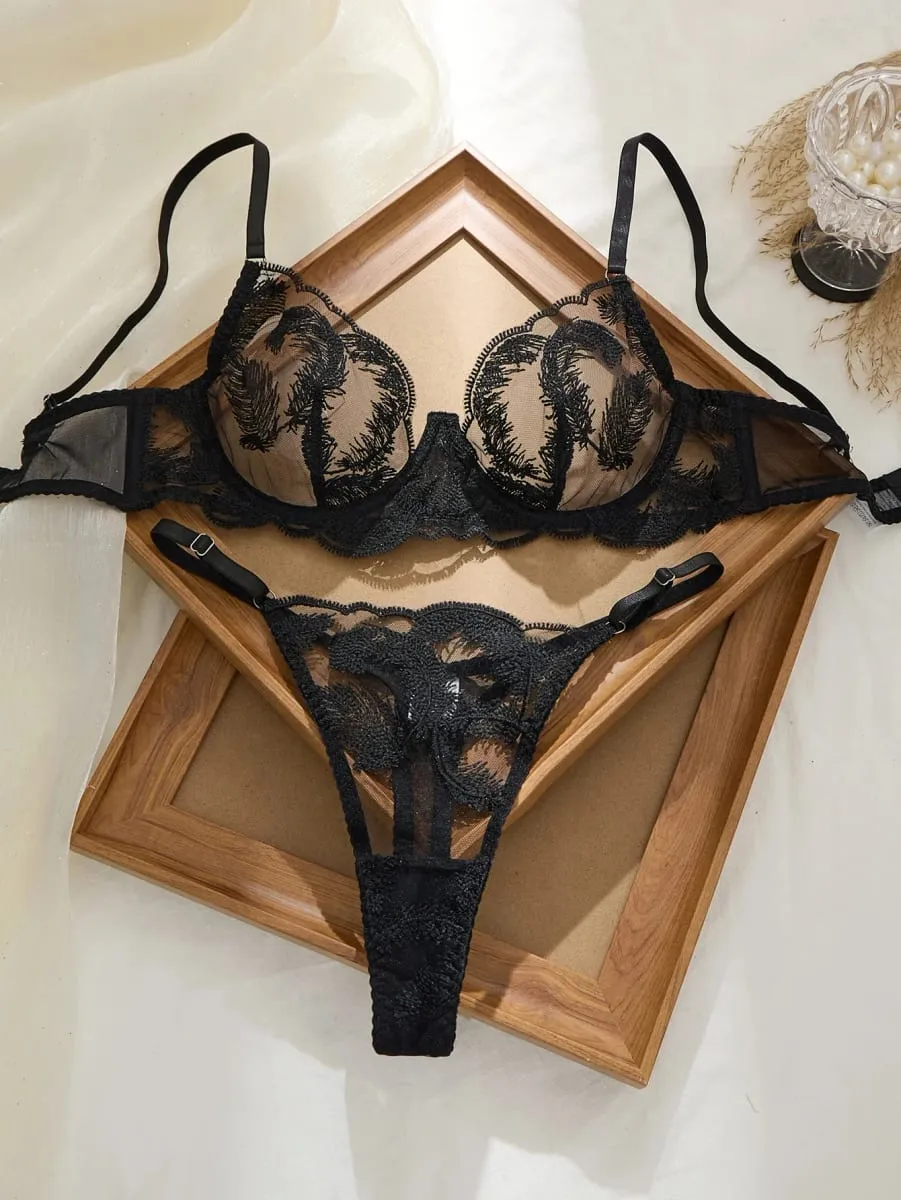 Black Feathers Women's Bra Set Soft And Stylish Intimate Apparel Ensemble Comfortable Feminine Lingerie — image 2