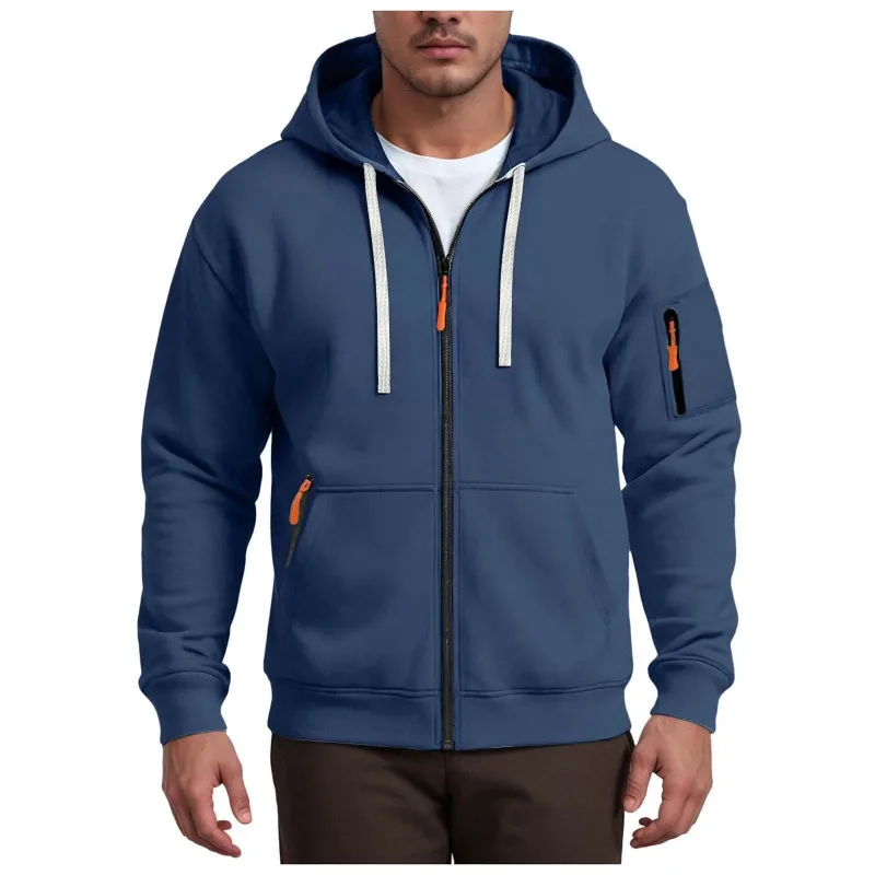 Men's Hoodies Solid Color Loose Zip Up Jacket Arm Zipper Pocket Hoodies Sand Hoodie Men