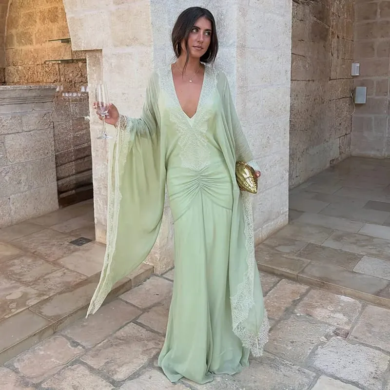 Sexy Deep V Neck Lace Trim Chiffon Maxi Gown Elegant Trendy Ruched Waist Mermaid Dress Autumn Chic Party Formal Evening Dresses — image 1