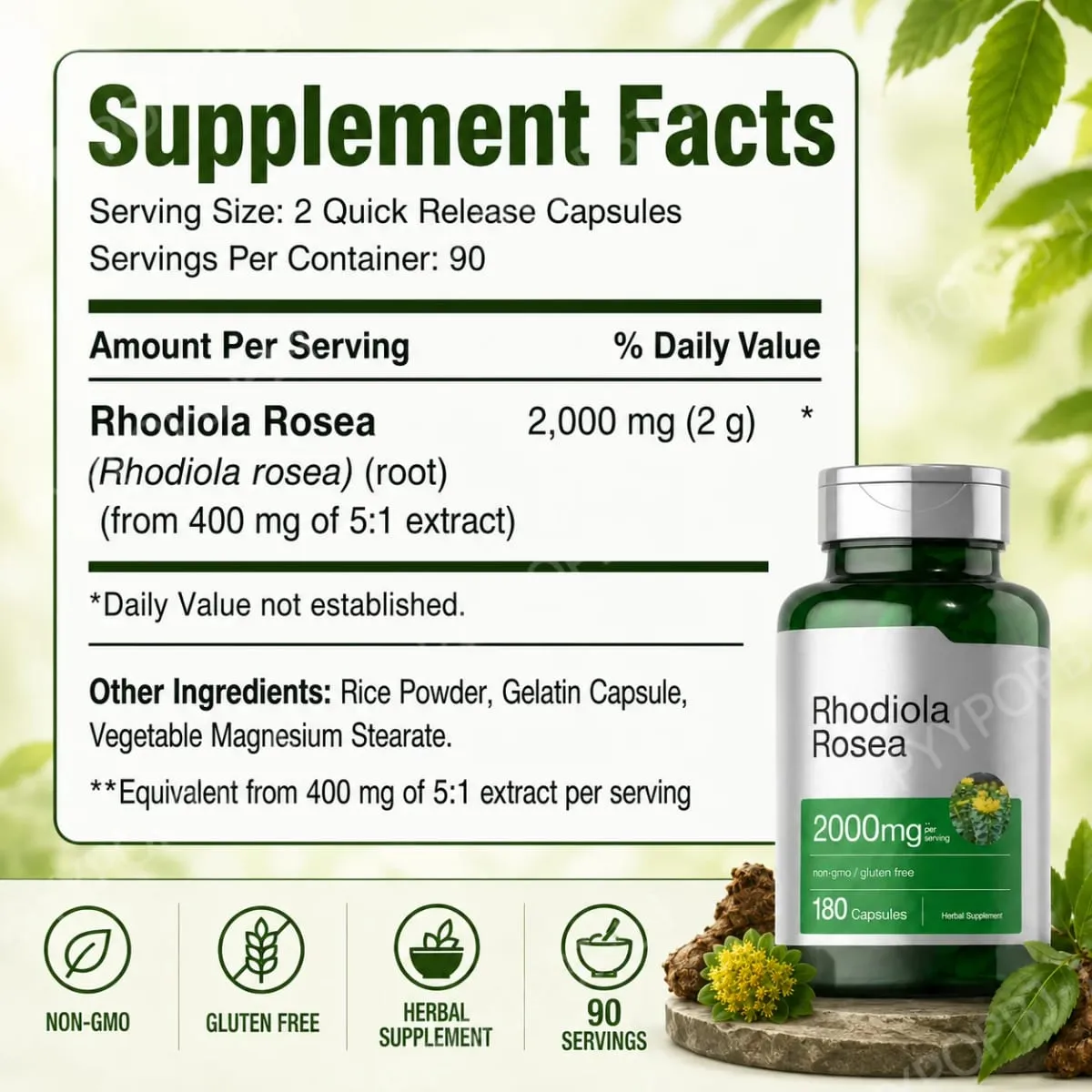 Rhodiola Rosea Root Extract 2000mg Equivalent Herbal Dietary Supplement 180 Capsules — image 3