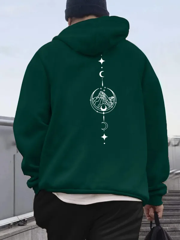 Men Celestial Mountain Back Print Hoodie Moon Star Vertical Line Art Graphic Hooded Sweatshirt Casual Outdoor Streetwear Kangaro — image 9
