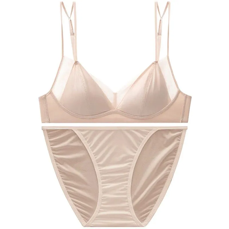 Modish Leopard Intimate Set Non-wire Thin Triangle Bra Breathable Summer Nude Fabric Small Chest Firm Gathering Womens Indoor — image 14