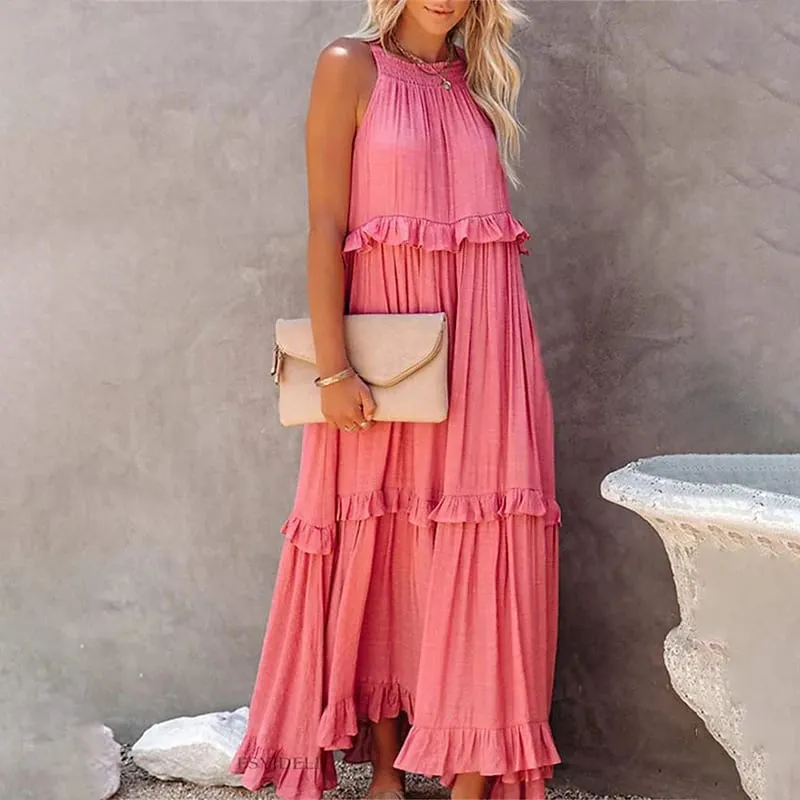 Women Casual Solid Ruffles Long Dress Summer Elegant Sleeveless Sundress Elegant Harajuku Maxi Dress Beach Party Evening Vestido — image 20