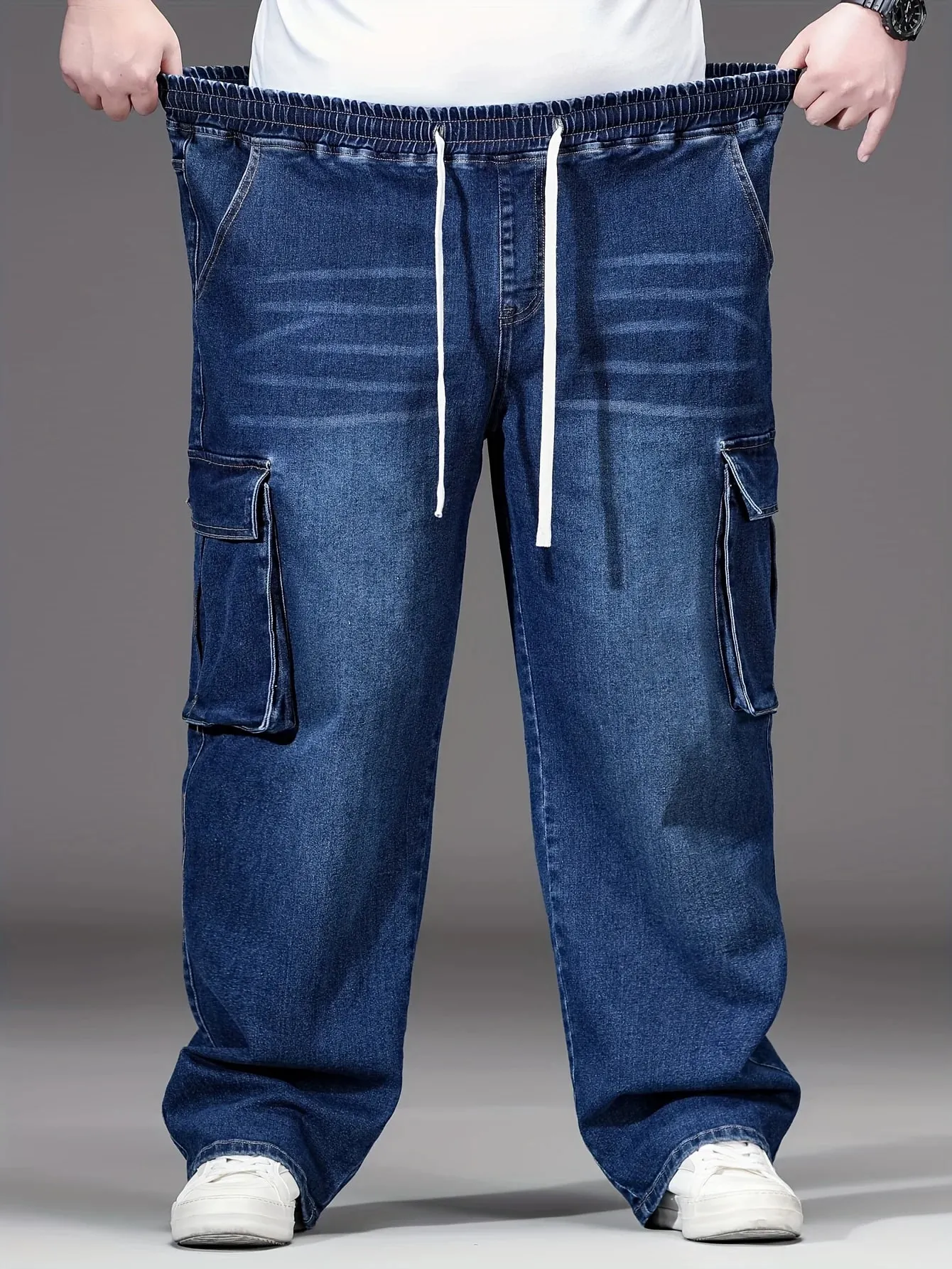 2026 New Men Oversized Jeans High Waist Elastic Drawstring Stretch Baggy Denim Pants Casual Versatile Plus Size Trousers — image 2