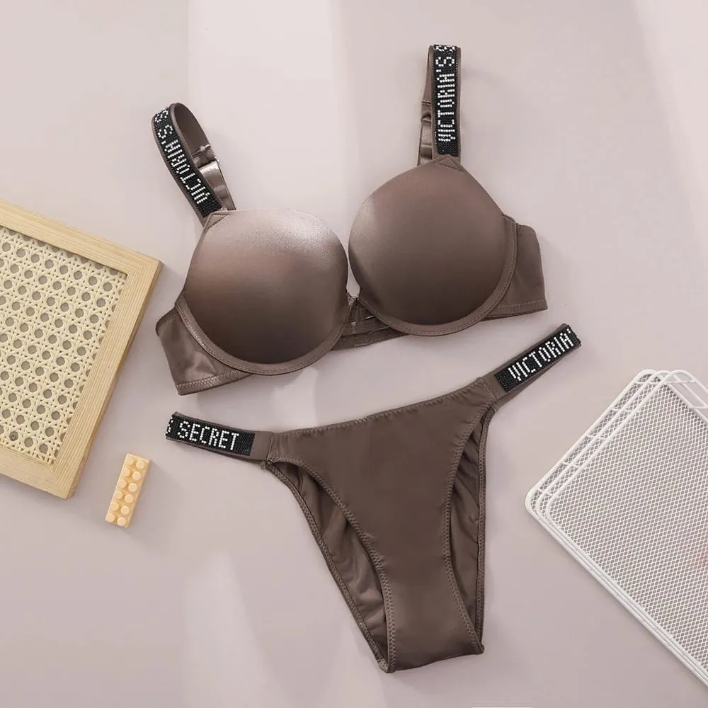 Victoria Secret Sexy Women Underwear Very Sexy Logo Shine Strap Push Up Bra Shine Script Thong Panty Set Hot — image 5