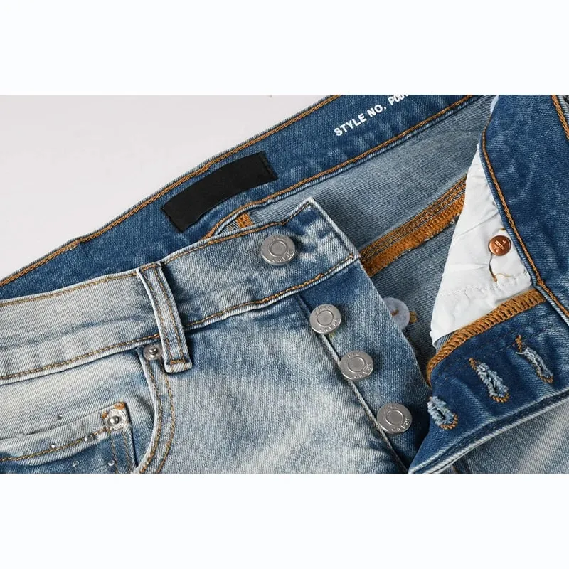 Men's Washed Distressed Skinny Ripped Jeans Light Blue Rhinestone Decor Button Fly High Street Style — image 3