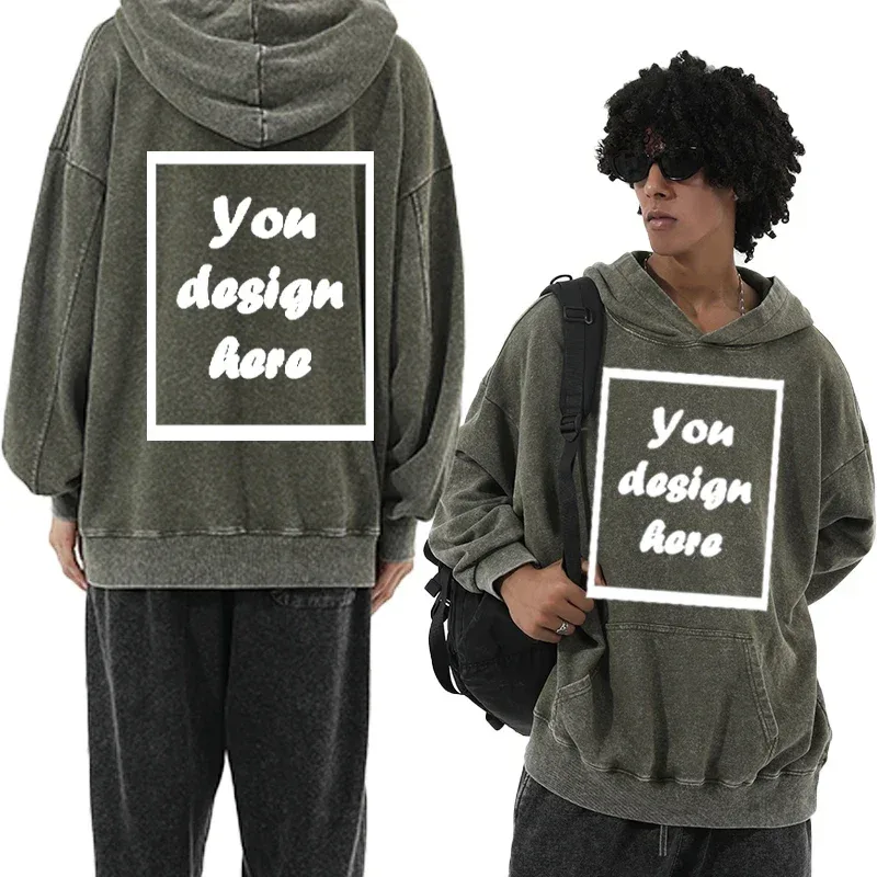 Men's personalized custom-printed washed vintage hooded warm sports wear thick 350 grams comfortable and warm. — image 10