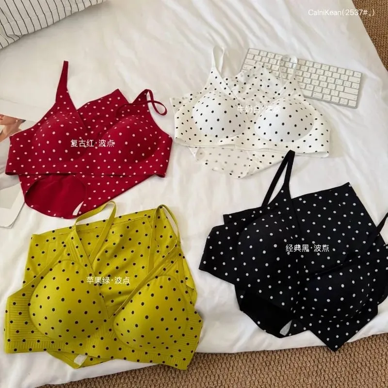 American Retro Polka Dot Bra Seamless Deep V Wireless Jelly Support Anti Sagging Lingerie Set Sexy Comfort MOYISU Sexy Bra Set — image 1