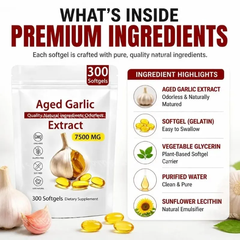 Aged Garlic Extract Softgels Odorless Immune Balance Support Antioxidant-Rich Daily Formula 7500 Mg Heart Vitality 300 Softgels