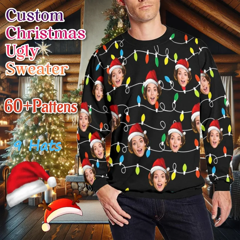 Peribadikan Foto Anda Cetakan 3D Sweater Krismas Hodoh Pakaian Seluar Wajah Keluarga DIY Baju Baju Imej Lucu Hadiah Xmas Peribadi Uniseks — image 9
