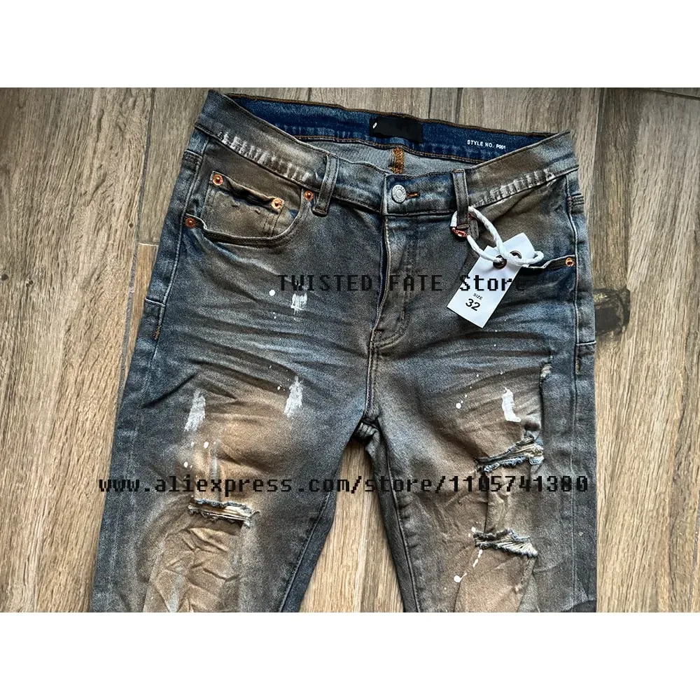 Men's High Street Distressed Dirty Washed Light Blue Cut Out Stretch Skinny & Slim Fit Spray Painted Ripped Jeans
