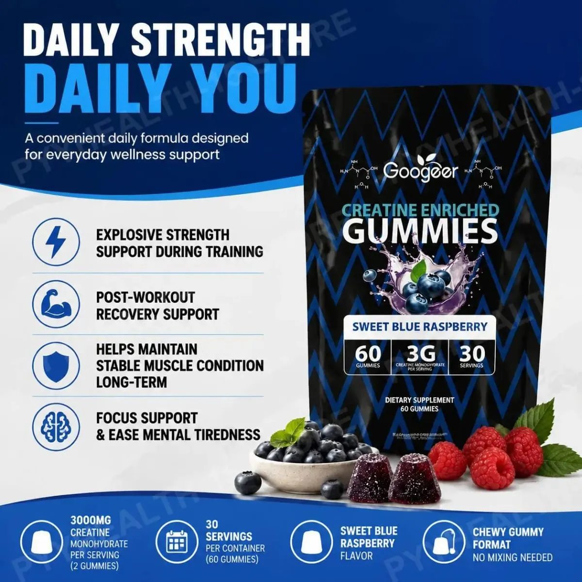 Creatine Monohydrate Gummies for Strength Support During Training Post-Workout Recovery Support Blue Raspberry 60 Gummies — image 5