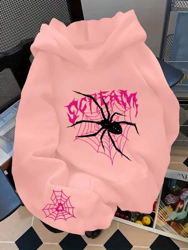 Men's Gothic Spider Print Hoodie Hip Hop Sports Casual Streetwear Pink Graffiti Pullover Sweatshirt Tops — image 8