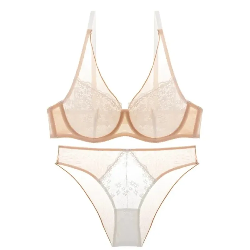 French Vintage Mesh Lace Flower Bra Set Brassiere Lingerie Mesh Bra Panties Kit Thin Seamless Push Up Bra Women Home — image 8
