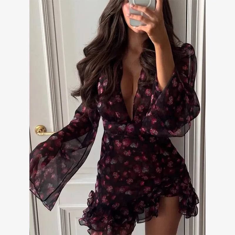 Women Mandarin Collar Ruffle Hem Mini Qipao Chinese Style Cap Sleeve Slim Fit Cheongsam Dress Dating Daily Party Outfit