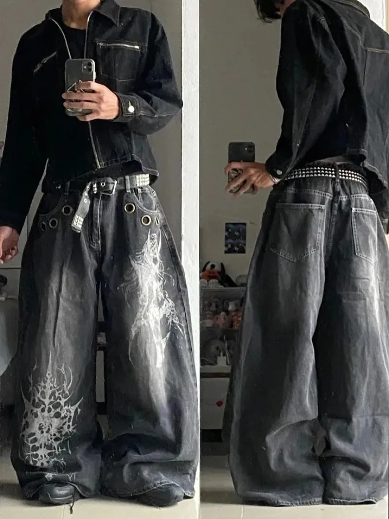 American Vintage New Pattern Printing Black Baggy Jeans Men Y2K Gothic Harajuku Hip Hop Popular Casual Joker Wide-leg Pants