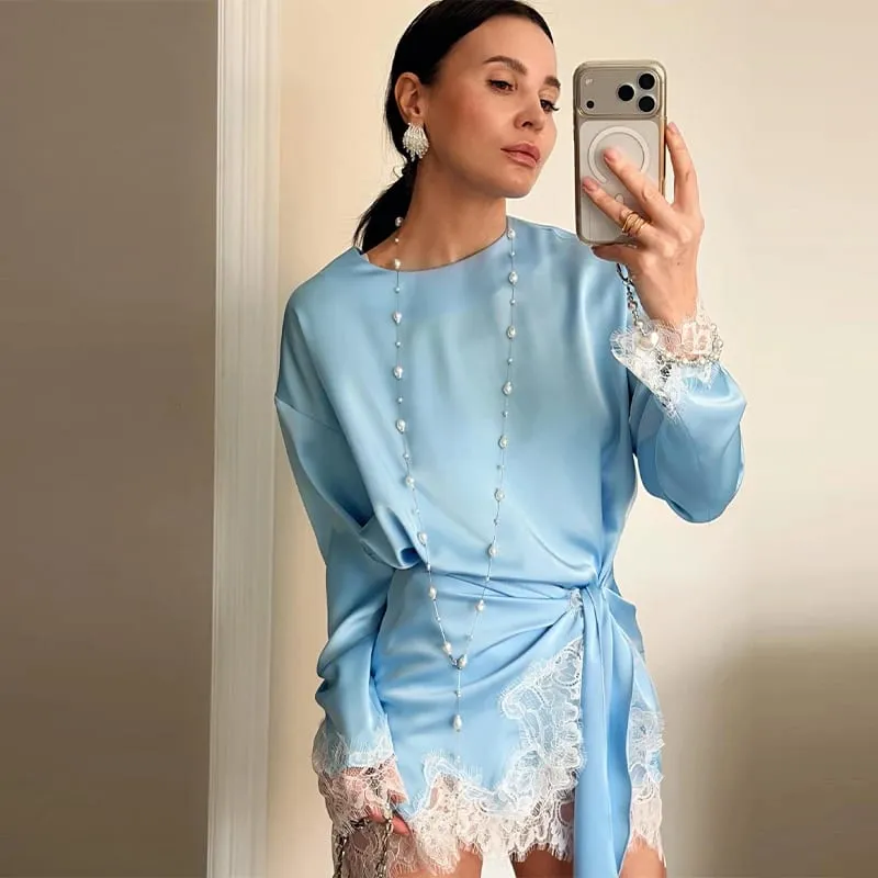 Elegant Women's Dress O-neck Full Sleeve Loose Solid Lace Hem Female Short Dresses 2026 Spring Summer New Sexy Fashion Lady Robe