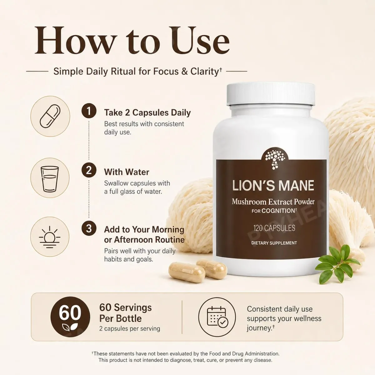 Lion's Mane Mushroom Extract 1000 mg with 300 mg Beta-Glucans Daily Focus and Wellness Support 120 Capsules 60 Servings — image 4