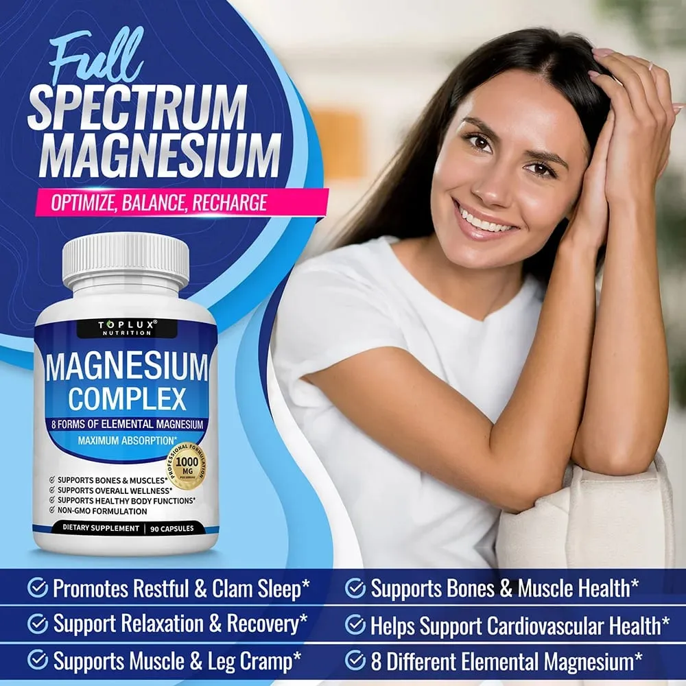 Magnesium Complex Supplement 1000mg - Magnesium Glycinate Citrate Malate Taurate for Bones Muscle Energy 90 Vegan Capsules — image 3