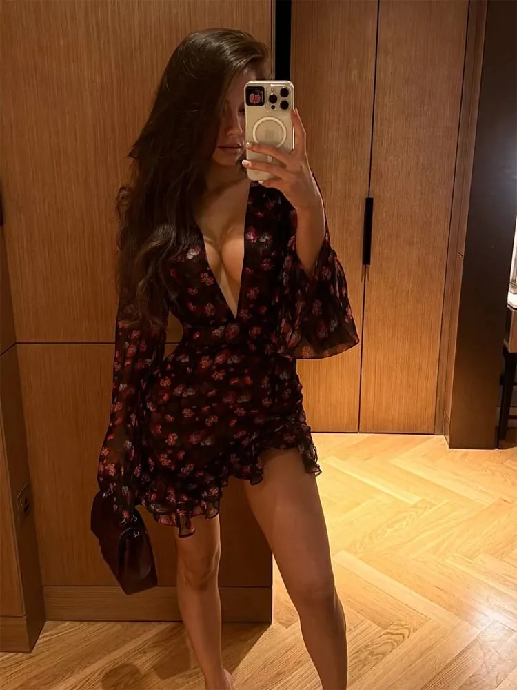 White Red Floral Ruched Puff Sleeve Mini Dress V-neck Ruffle Hem 3d Rose Dresses 2026 Summer Lady Party Sweet Date Vestidos New — image 5