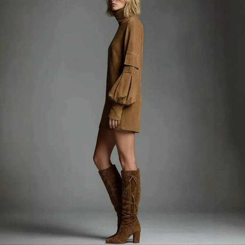 Autumn Retro Solid Suede Mini Short Dresses Sexy Turtleneck Slim Woman Pullover Dress Winter Long Sleeve Pockets Female Clothing — image 3