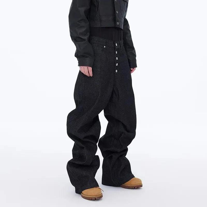 High Street Retro Buckle Design For Men'S Jeans Street Ruff And Handsome Loose Casual Wide Leg Pants Black Jeans — image 3