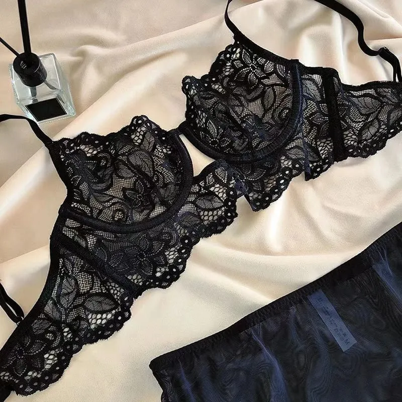 Sexy Cut-out Push-up Lace Thin Lingerie Set Women Evening Daring Fantasy Hot Ultra-light French Bra Underwear For Large Busts