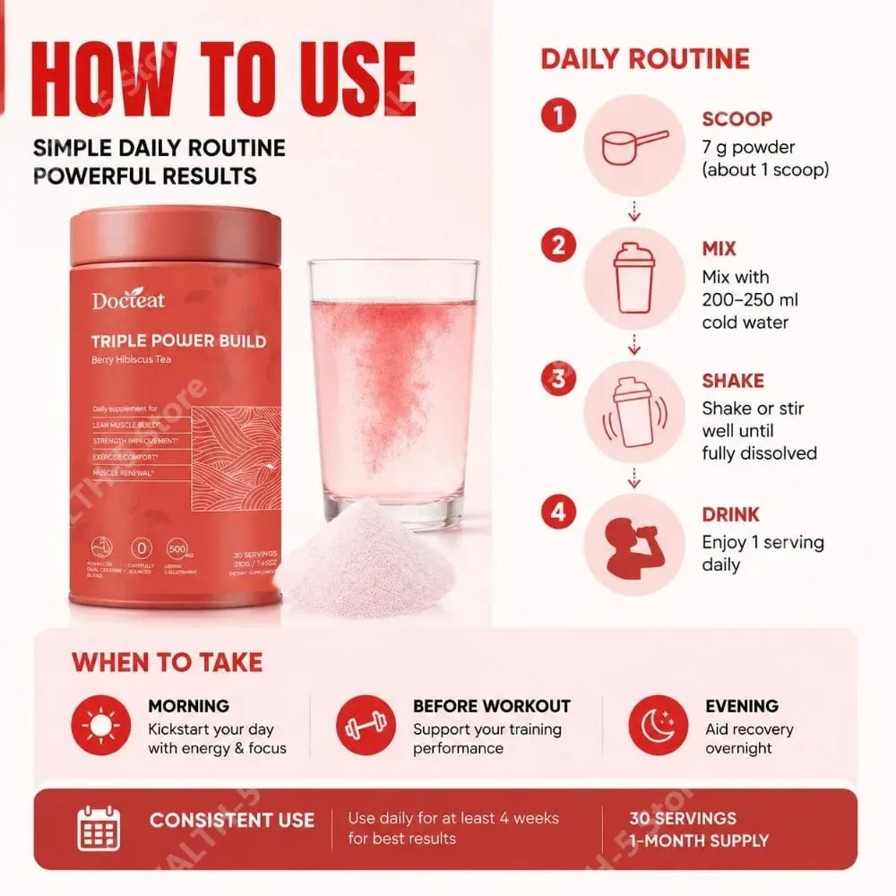 Docteat Berry Hibiscus Tea Creatine Powder with Creatine HCL and L-Glutamine Supports Hydration and Electrolytes 30 Servings — image 6