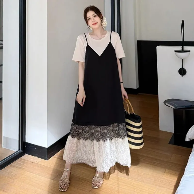 New 2026 Summer Women's Dresses Loose Plus Size Patchwork Lace Vestidos Fake Two Piece Female T-Shirt Dress Robe KE6690 — image 2