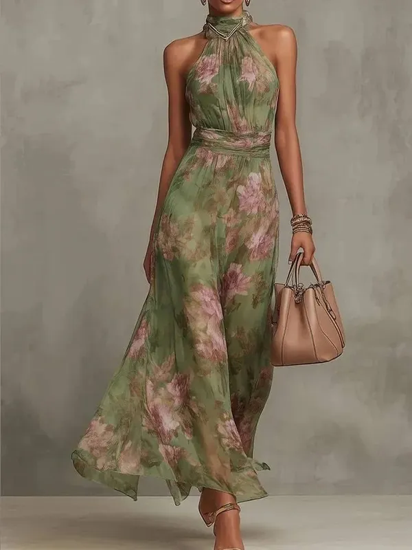 Women Chic Pink Floral Print Maxi Vestido Elegant V Neck Ruffle Trim Flare Sleeve Ruched High Chiffon Dress 2026 Party Outfit — image 9