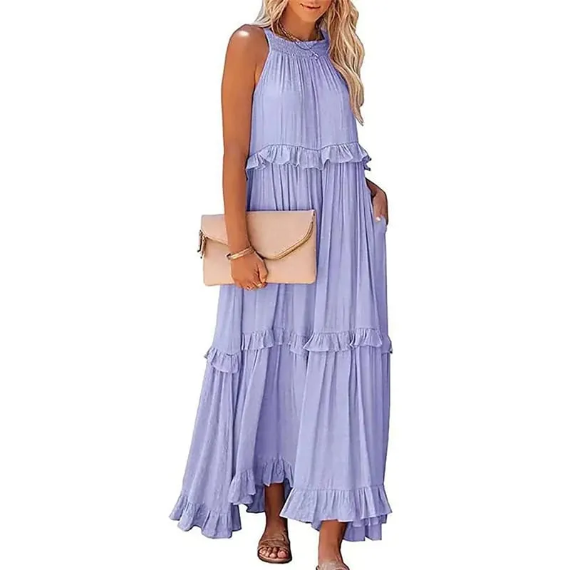 Women Casual Solid Ruffles Long Dress Summer Elegant Sleeveless Sundress Elegant Harajuku Maxi Dress Beach Party Evening Vestido — image 10
