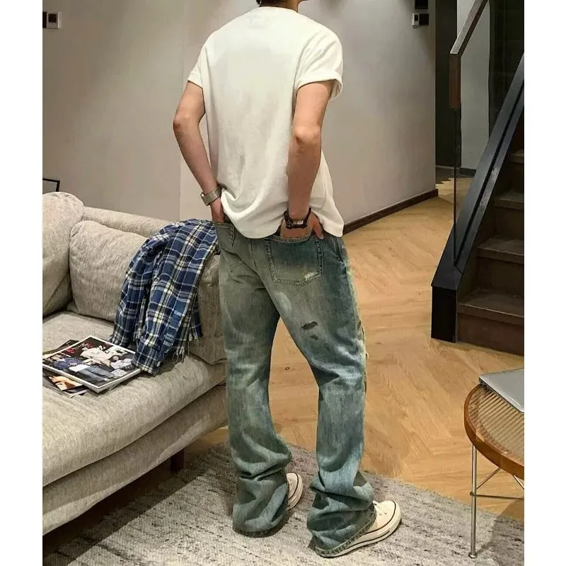 Men's Jeans High Street Vintage Distressed Ripped Faded Man Pants Blue Straight Denim Trousers Embroidery Design Bootcut — image 4