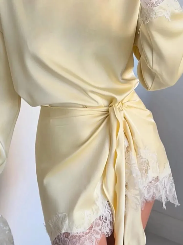 Elegant Women's Dress O-neck Full Sleeve Loose Solid Lace Hem Female Short Dresses 2026 Spring Summer New Sexy Fashion Lady Robe — image 5