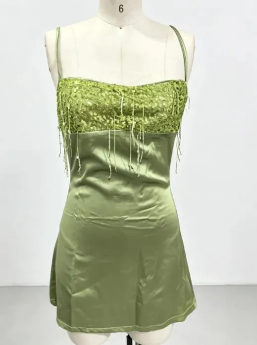 Women Chic Lime Green Satin Slip Skirt Sexy Sequin Fringe Bust Spaghetti Strap Bodycon Mini Dress Summer Party Vacation Wear New