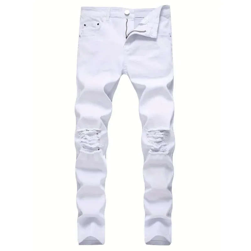 Skinny Stretch Ripped Jeans Men's Distressed Kpop Slim Fit Denim Pants American Street Style Rock Hip Hop White Black Trousers — image 1