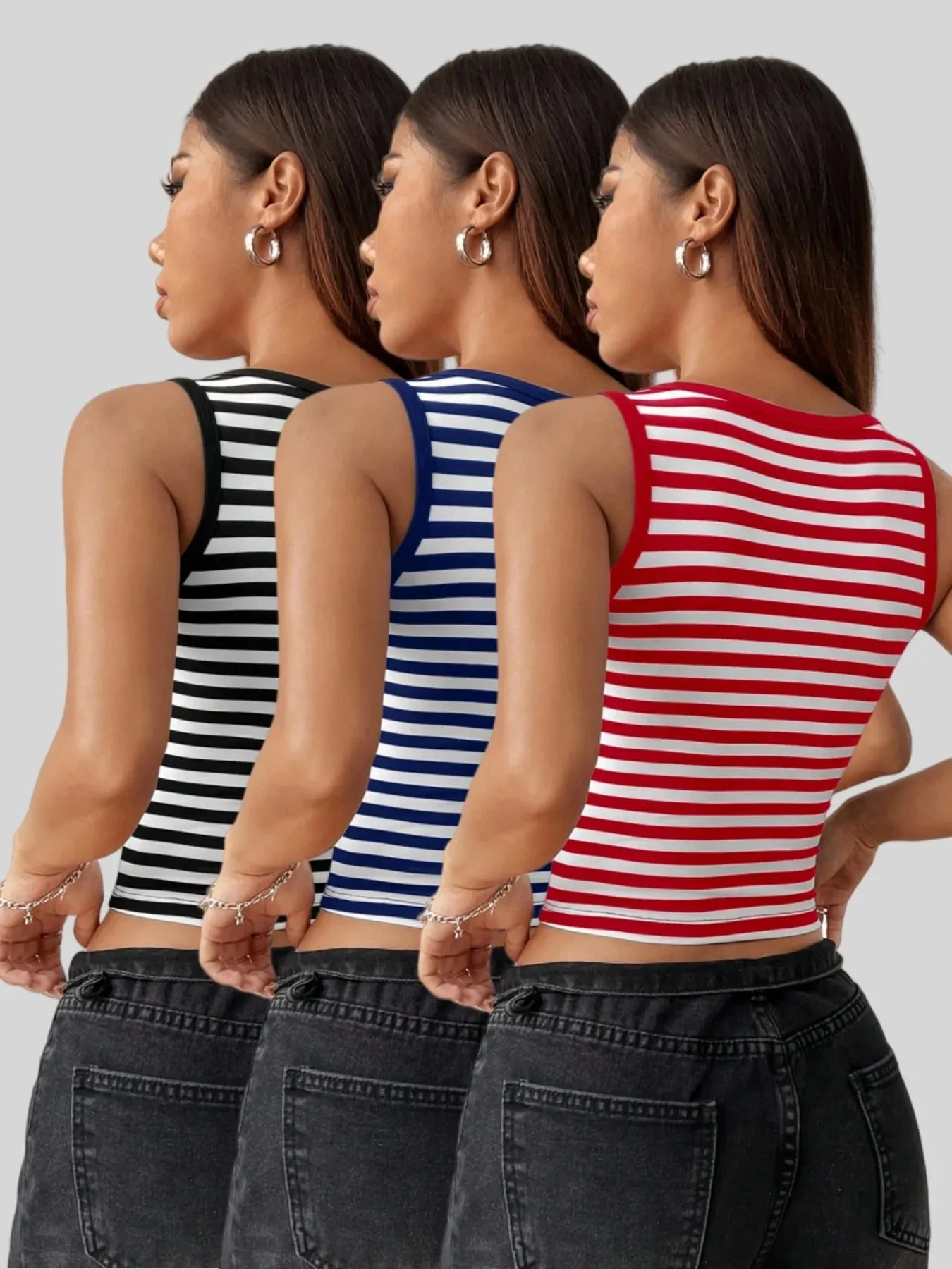 3 Pack Women Multi Color Stripe Print U Neck Wide Strap Cropped Cami Tank Top Slim Fit Striped Sleeveless Vest For Denim Matchin — image 2