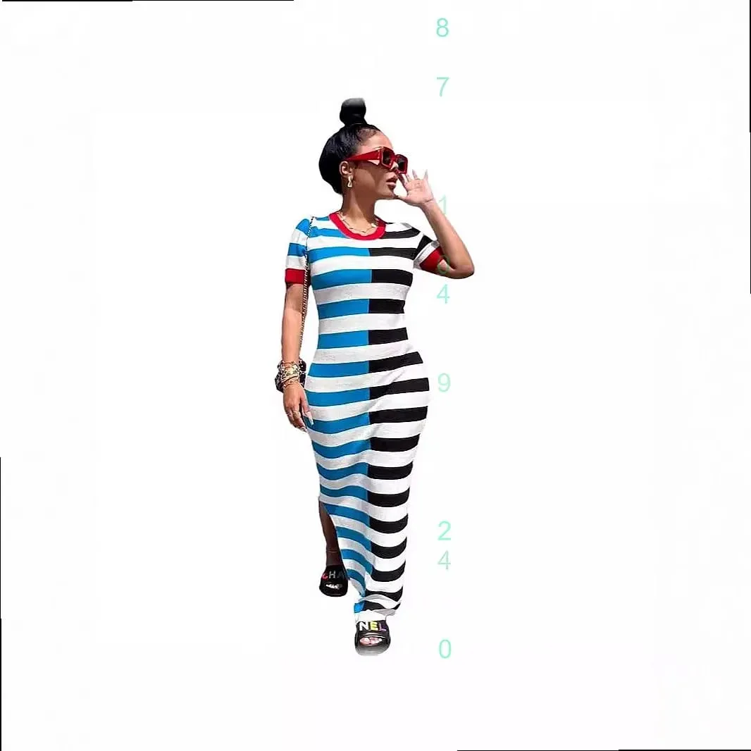 Spring Summer Women Stripe Dress Short Sleeve Split Bodycon Dresses Casual Tee Top — image 5