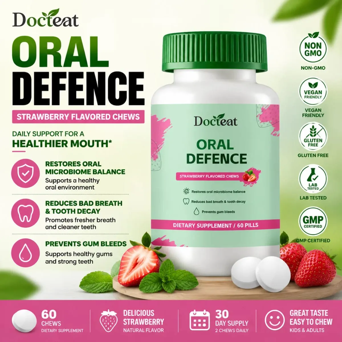 Oral Defence Chewable Tablets for Breath Freshness Support with Xylitol and Microcrystalline Hydroxyapatite for Adult 60 Pills — image 1