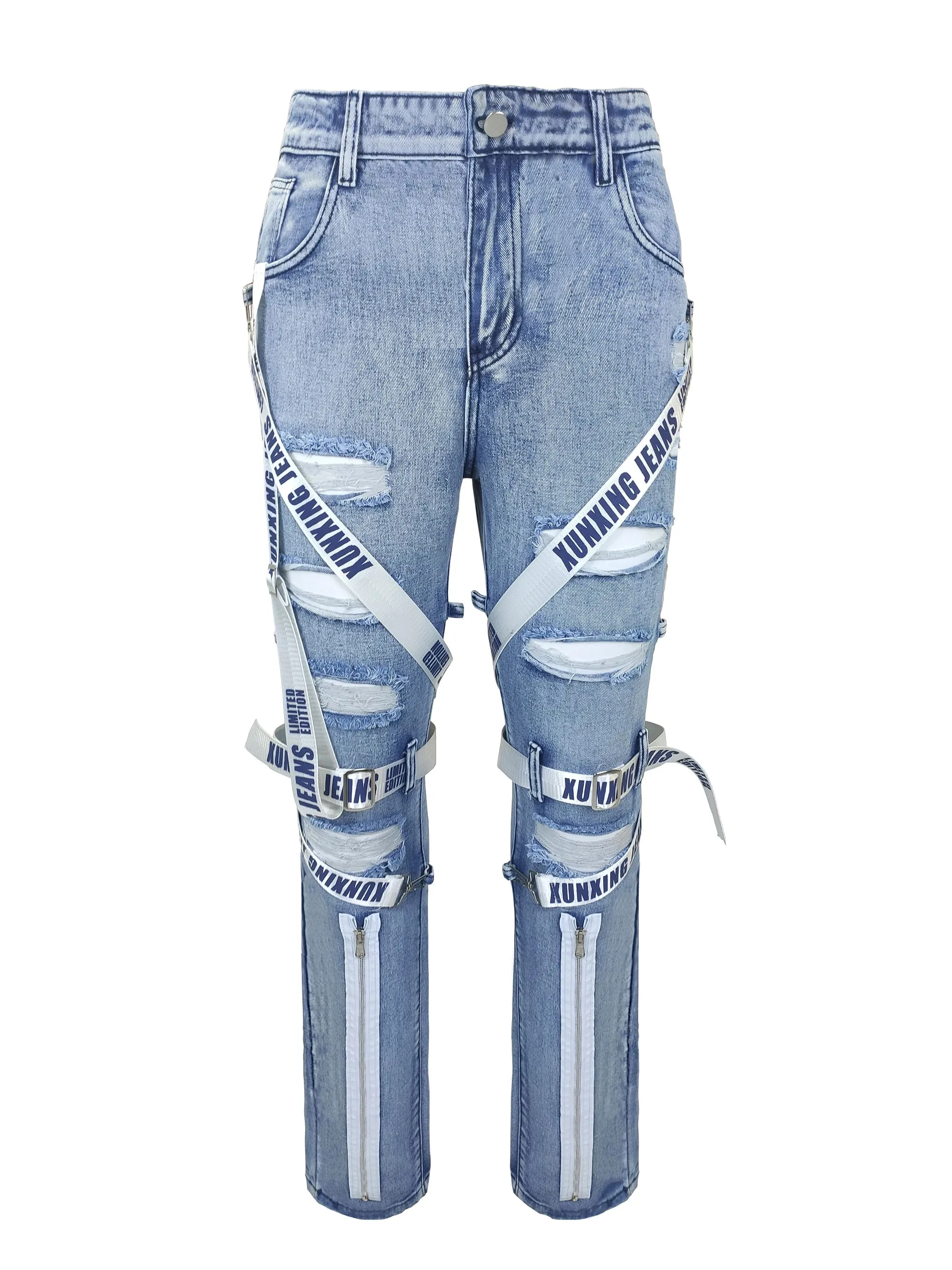 Men's jeans slim fit motorcycle straps blue denim trousers washed blue cut holes multi-craft hip-hop streetwear daily men Pants — image 4