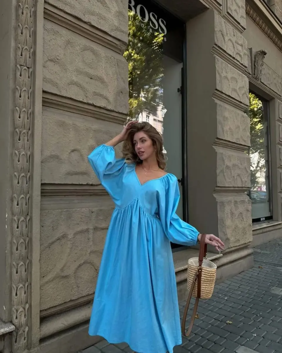 2026Spring Summer V Neck Backless Lace Up Dress Women Lantern Sleeve Loose Casual Long Dresses High Street Fashion Solid Robes — image 2