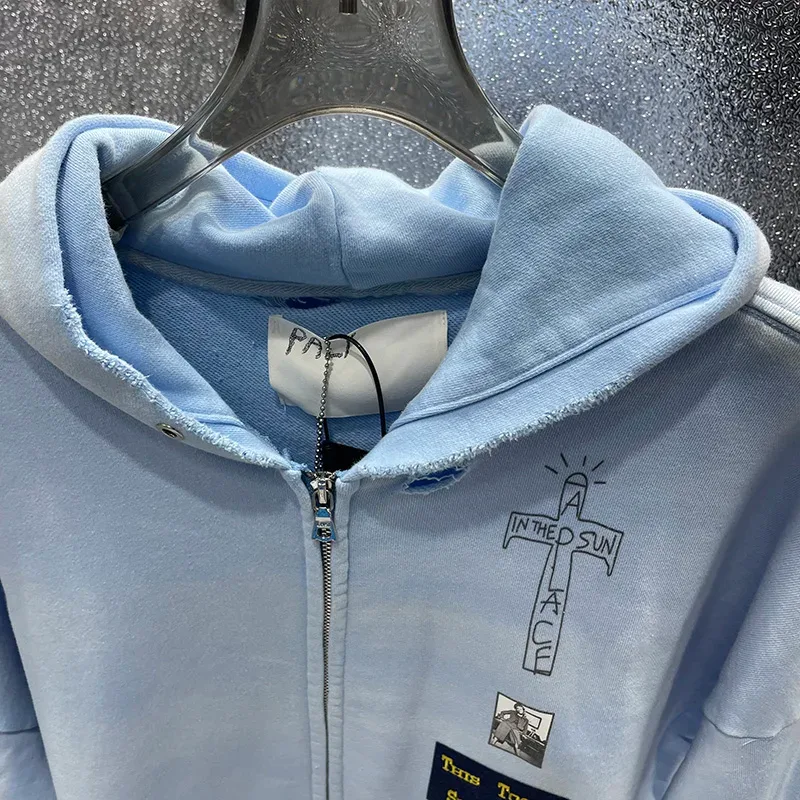 Washed Blue PALY Hoodies Men Woman Vintage Damaged Hole Old Casual High Quality Hip Hop Fashion Zipper Sweatshirts — image 27