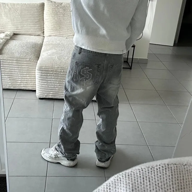 American Retro Y2K Dollar Embroidered Flared Jeans Simple Trendy Loose Wide-Leg Washed Jeans for Men and Women 2025 New — image 5